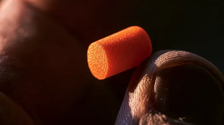macro of a rower's rough fingers rolling a bright orange foam earplug, macro product photograph, hard rim light, razor-thin focus, dusk light, no text, no letters, no logos