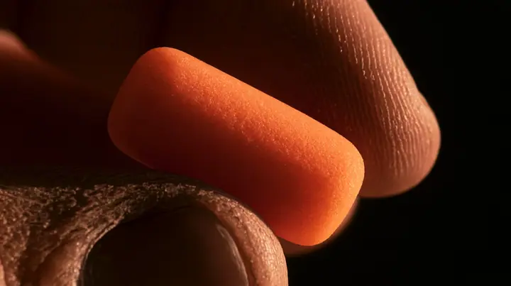 macro of a rower's rough fingers rolling a bright orange foam earplug, macro product photograph, hard rim light, razor-thin focus, dusk light, no text, no letters, no logos