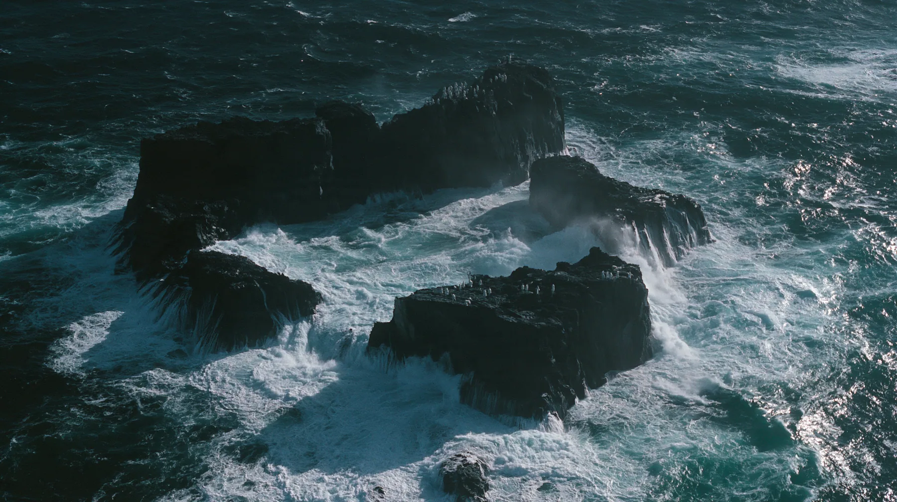 aerial photograph looking straight down at a ring of jagged black volcanic sea stacks in a dark sea, surf glowing white around them, tiny pale figures standing on the rocks, night, moonlight on a black-teal sea,…