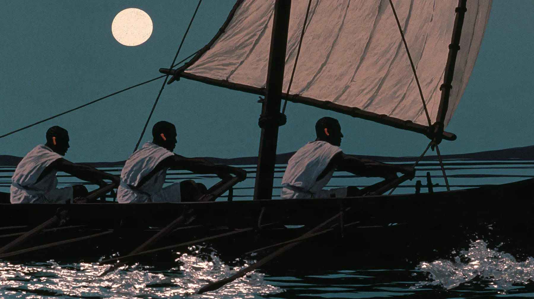 medium close-up over the gunwale of a long black ancient Greek galley with a single mast, a square sail and two banks of oars on a calm moonlit sea, three rowers in undyed linen tunics pulling the oars in time,…