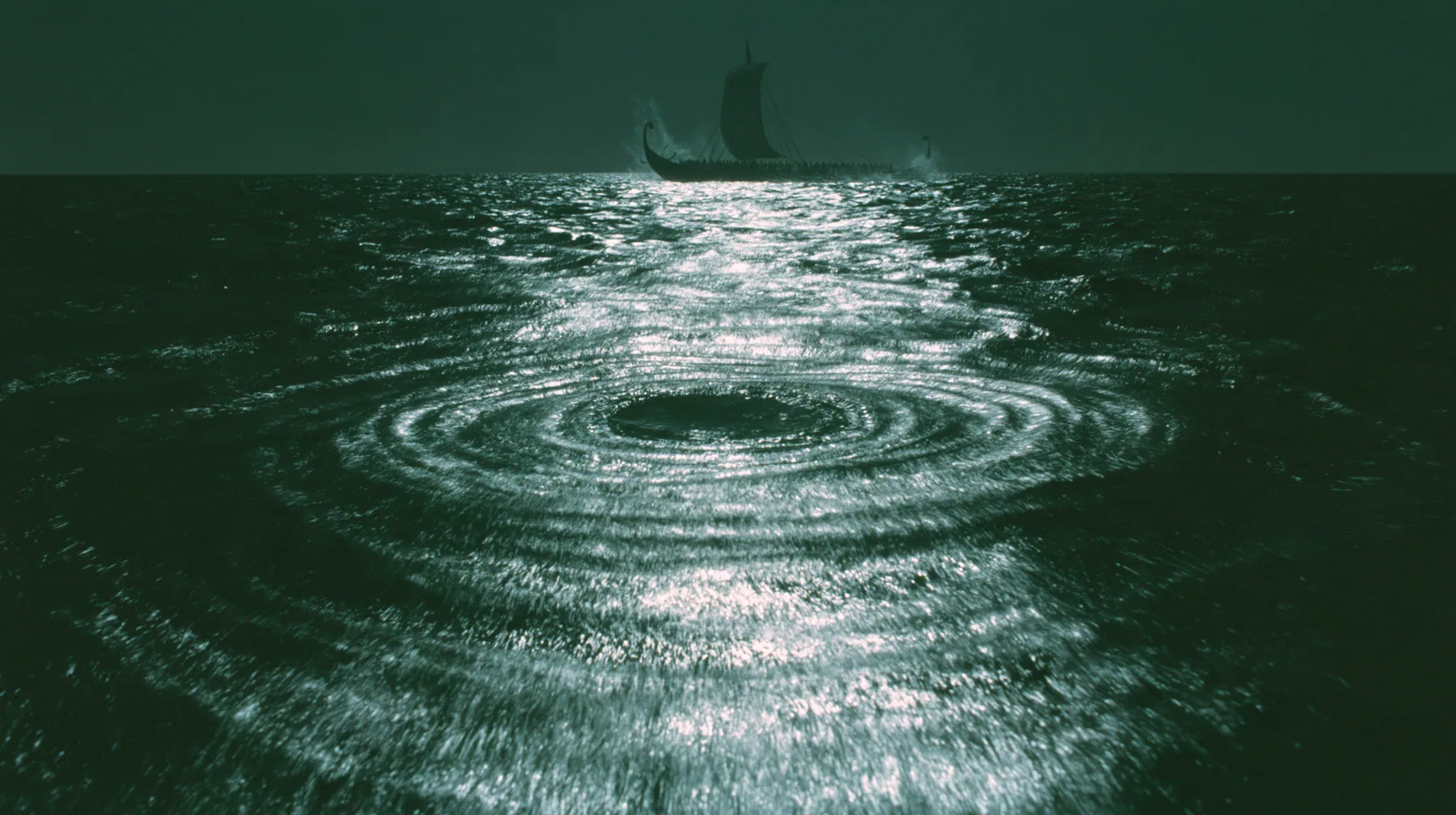 low wide shot skimming a dark moonlit sea toward a long black ancient Greek galley with a single mast, a square sail and two banks of oars in the distance, concentric ripples spreading across the water, night,…