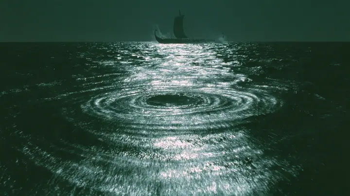 low wide shot skimming a dark moonlit sea toward a long black ancient Greek galley with a single mast, a square sail and two banks of oars in the distance, concentric ripples spreading across the water, night,…