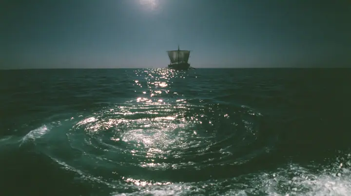 low wide shot skimming a dark moonlit sea toward a long black ancient Greek galley with a single mast, a square sail and two banks of oars in the distance, concentric ripples spreading across the water, night,…
