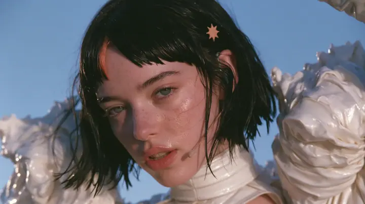 long-lens close-up of a Caucasian American woman in her mid-twenties with pale skin and light freckles, a glossy black blunt jaw-length bob with heavy straight bangs and one clay-orange streak through the bangs, a…