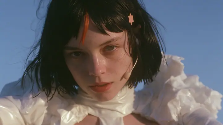 long-lens close-up of a Caucasian American woman in her mid-twenties with pale skin and light freckles, a glossy black blunt jaw-length bob with heavy straight bangs and one clay-orange streak through the bangs, a…