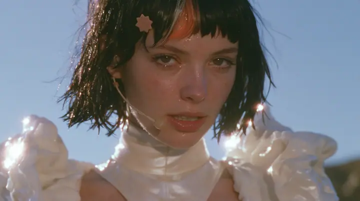 long-lens close-up of a Caucasian American woman in her mid-twenties with pale skin and light freckles, a glossy black blunt jaw-length bob with heavy straight bangs and one clay-orange streak through the bangs, a…