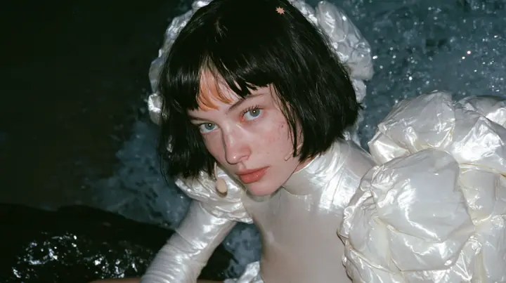 medium close-up of a Caucasian American woman in her mid-twenties with pale skin and light freckles, a glossy black blunt jaw-length bob with heavy straight bangs and one clay-orange streak through the bangs, a small…