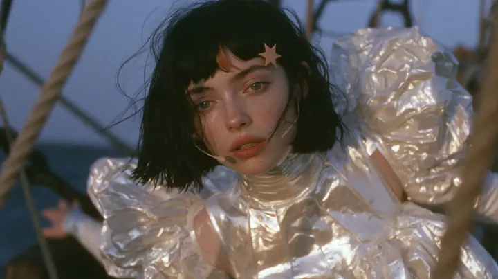 medium shot of a Caucasian American woman in her mid-twenties with pale skin and light freckles, a glossy black blunt jaw-length bob with heavy straight bangs and one clay-orange streak through the bangs, a small…