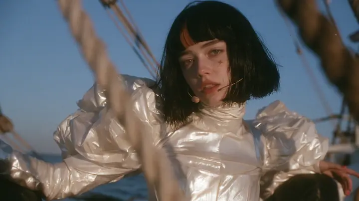 medium shot of a Caucasian American woman in her mid-twenties with pale skin and light freckles, a glossy black blunt jaw-length bob with heavy straight bangs and one clay-orange streak through the bangs, a small…