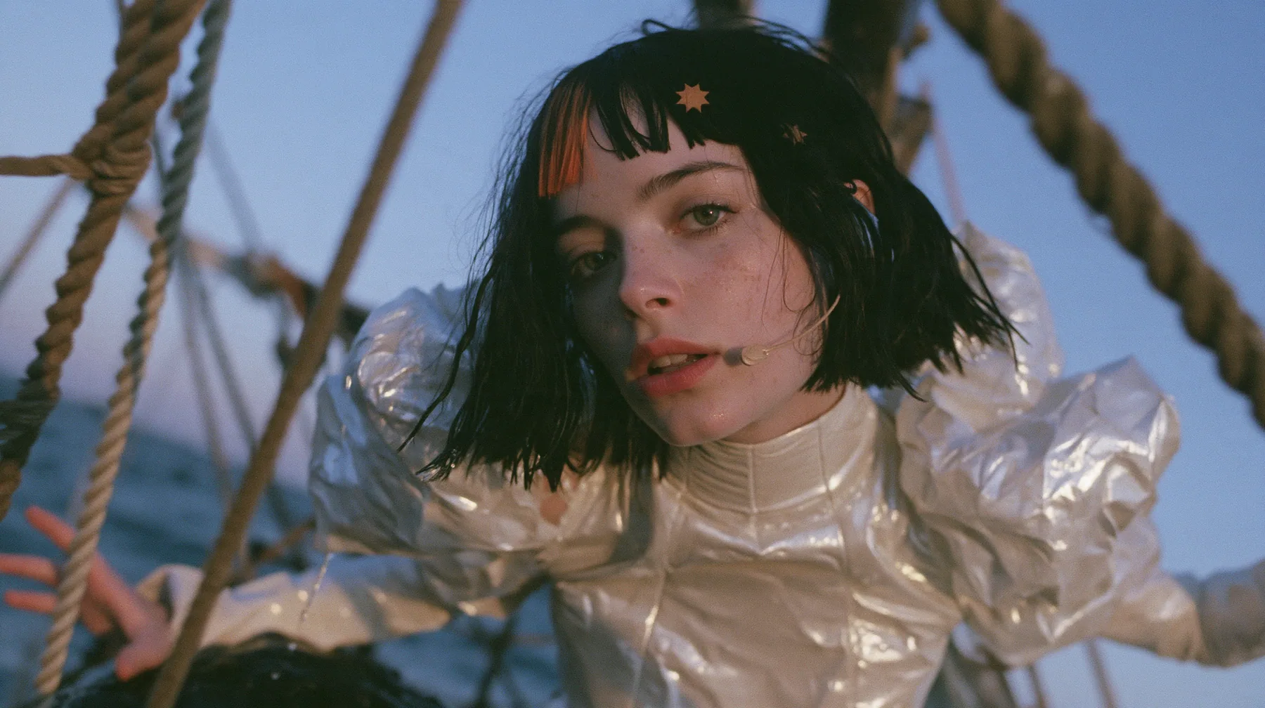 medium shot of a Caucasian American woman in her mid-twenties with pale skin and light freckles, a glossy black blunt jaw-length bob with heavy straight bangs and one clay-orange streak through the bangs, a small…