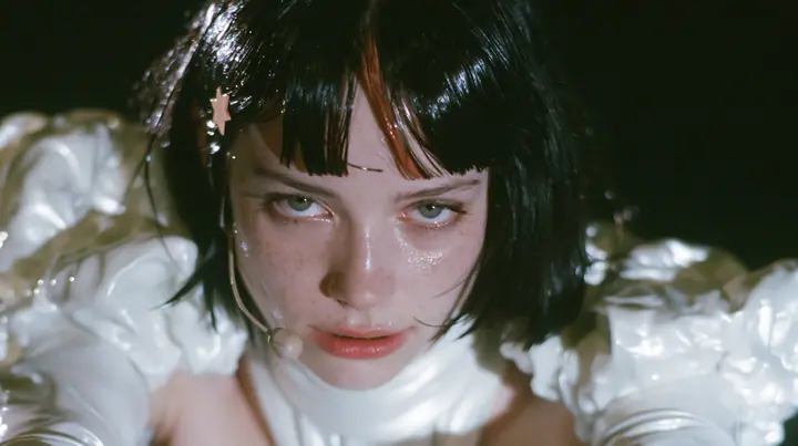 close-up of a Caucasian American woman in her mid-twenties with pale skin and light freckles, a glossy black blunt jaw-length bob with heavy straight bangs and one clay-orange streak through the bangs, a small flat…