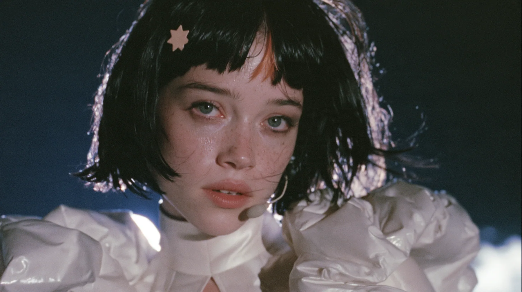 close-up of a Caucasian American woman in her mid-twenties with pale skin and light freckles, a glossy black blunt jaw-length bob with heavy straight bangs and one clay-orange streak through the bangs, a small flat…