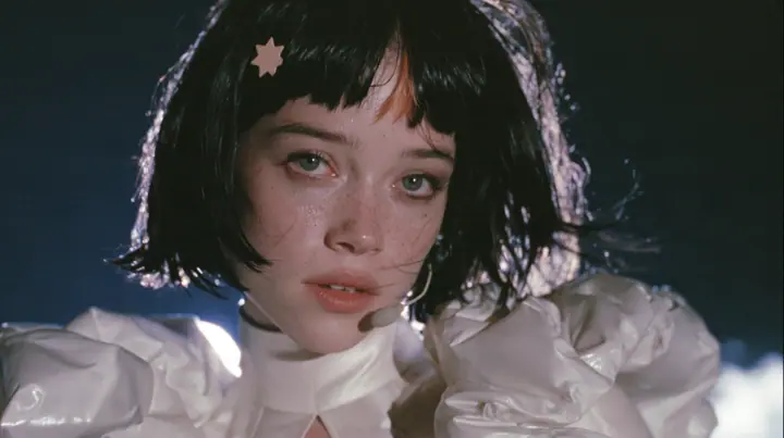 close-up of a Caucasian American woman in her mid-twenties with pale skin and light freckles, a glossy black blunt jaw-length bob with heavy straight bangs and one clay-orange streak through the bangs, a small flat…