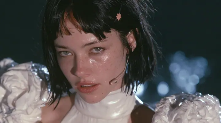 close-up of a Caucasian American woman in her mid-twenties with pale skin and light freckles, a glossy black blunt jaw-length bob with heavy straight bangs and one clay-orange streak through the bangs, a small flat…