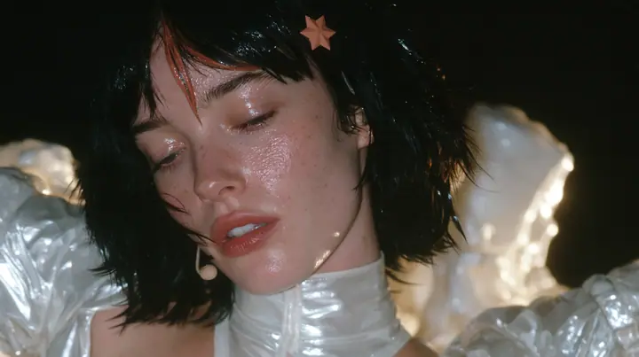close-up of a Caucasian American woman in her mid-twenties with pale skin and light freckles, a glossy black blunt jaw-length bob with heavy straight bangs and one clay-orange streak through the bangs, a small flat…