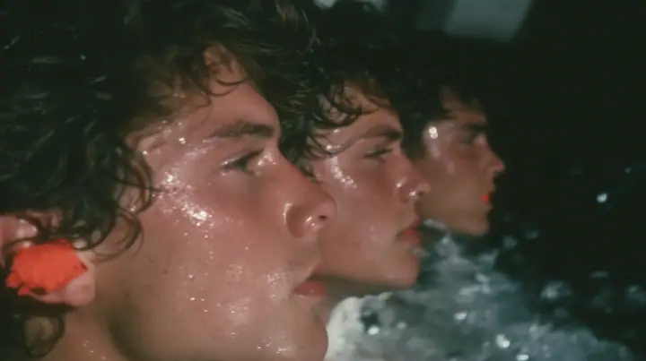 close-up of the heads of three rowers in profile at the oars of a long black ancient Greek galley with a single mast, a square sail and two banks of oars at night, bright orange foam earplugs in their ears, moonlight…