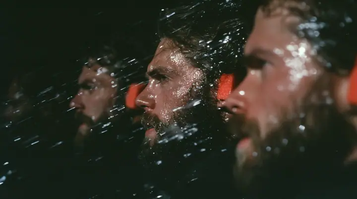 close-up of the heads of three rowers in profile at the oars of a long black ancient Greek galley with a single mast, a square sail and two banks of oars at night, bright orange foam earplugs in their ears, moonlight…