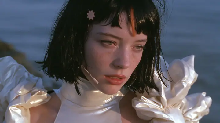 telephoto close-up of a Caucasian American woman in her mid-twenties with pale skin and light freckles, a glossy black blunt jaw-length bob with heavy straight bangs and one clay-orange streak through the bangs, a…