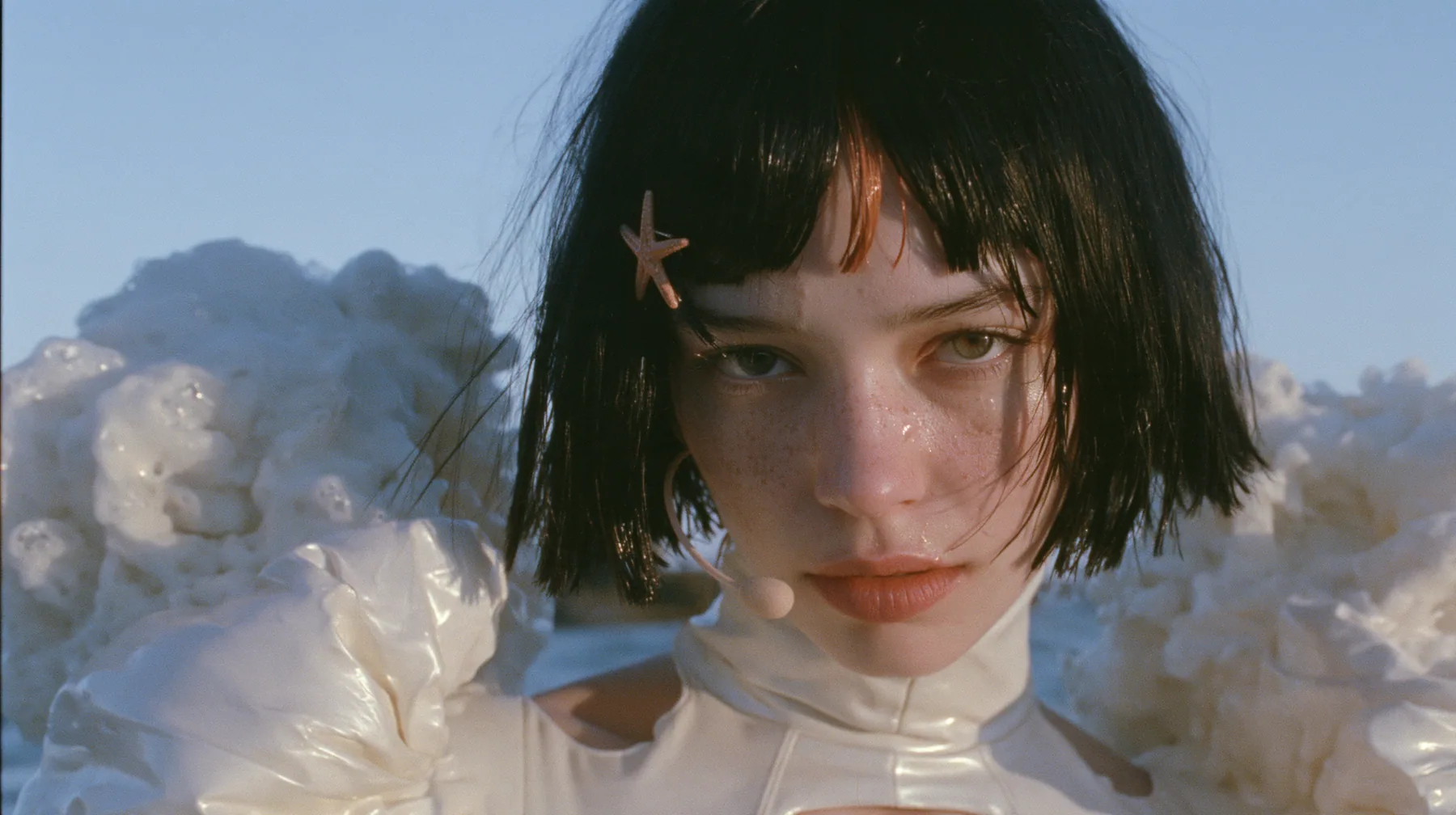 telephoto close-up of a Caucasian American woman in her mid-twenties with pale skin and light freckles, a glossy black blunt jaw-length bob with heavy straight bangs and one clay-orange streak through the bangs, a…