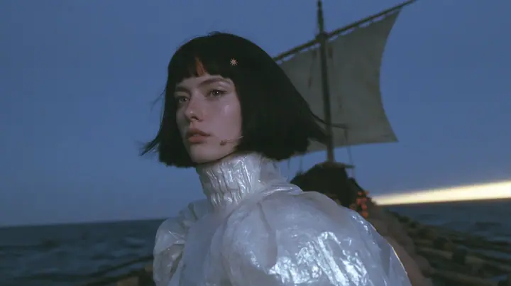 lateral medium shot along the rowing benches of a long black ancient Greek galley with a single mast, a square sail and two banks of oars, a Caucasian American woman in her mid-twenties with pale skin and light…