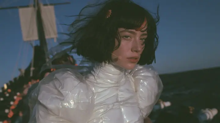 lateral medium shot along the rowing benches of a long black ancient Greek galley with a single mast, a square sail and two banks of oars, a Caucasian American woman in her mid-twenties with pale skin and light…