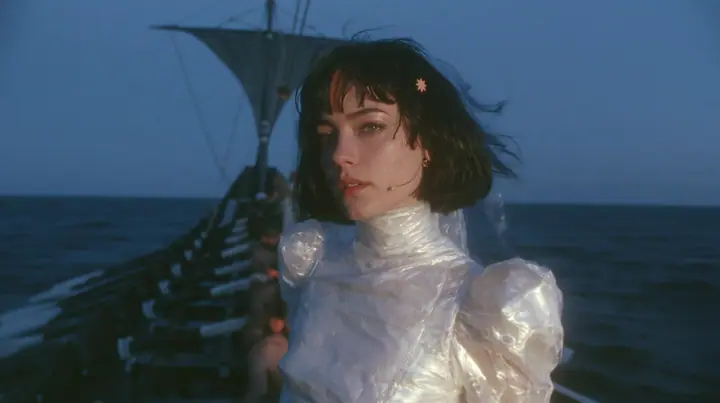 lateral medium shot along the rowing benches of a long black ancient Greek galley with a single mast, a square sail and two banks of oars, a Caucasian American woman in her mid-twenties with pale skin and light…