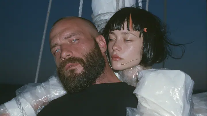 close-up of a broad-shouldered Caucasian man in his early thirties with a shaved head, a thick short dark beard, a square jaw, heavy brows and pale blue eyes, the build of a man who lifts, in a plain black t-shirt…
