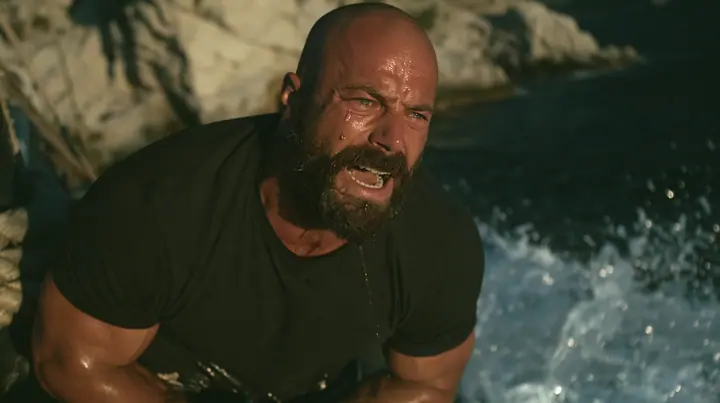 close-up of a broad-shouldered Caucasian man in his early thirties with a shaved head, a thick short dark beard, a square jaw, heavy brows and pale blue eyes, the build of a man who lifts, in a plain black t-shirt…