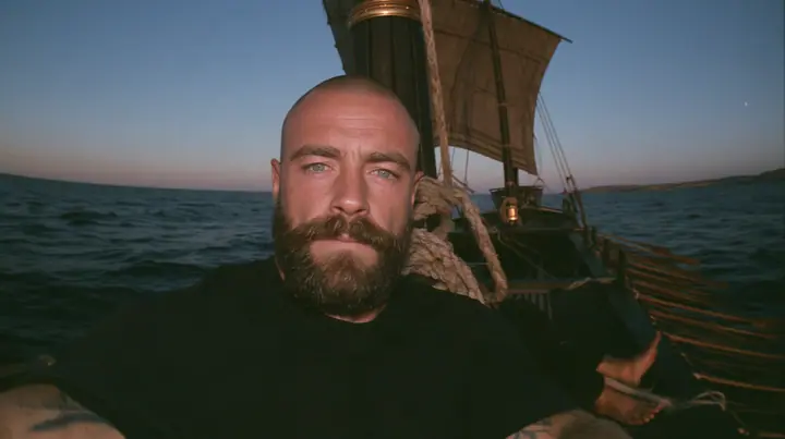 front-camera selfie view of a broad-shouldered Caucasian man in his early thirties with a shaved head, a thick short dark beard, a square jaw, heavy brows and pale blue eyes, the build of a man who lifts, in a plain…
