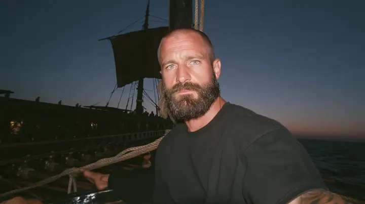 front-camera selfie view of a broad-shouldered Caucasian man in his early thirties with a shaved head, a thick short dark beard, a square jaw, heavy brows and pale blue eyes, the build of a man who lifts, in a plain…