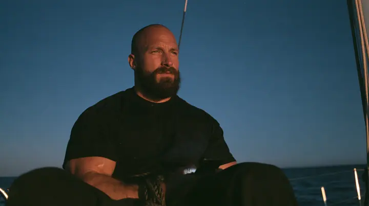 close-up of a broad-shouldered Caucasian man in his early thirties with a shaved head, a thick short dark beard, a square jaw, heavy brows and pale blue eyes, the build of a man who lifts, in a plain black t-shirt…