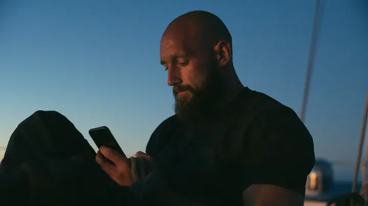 close-up of a broad-shouldered Caucasian man in his early thirties with a shaved head, a thick short dark beard, a square jaw, heavy brows and pale blue eyes, the build of a man who lifts, in a plain black t-shirt…