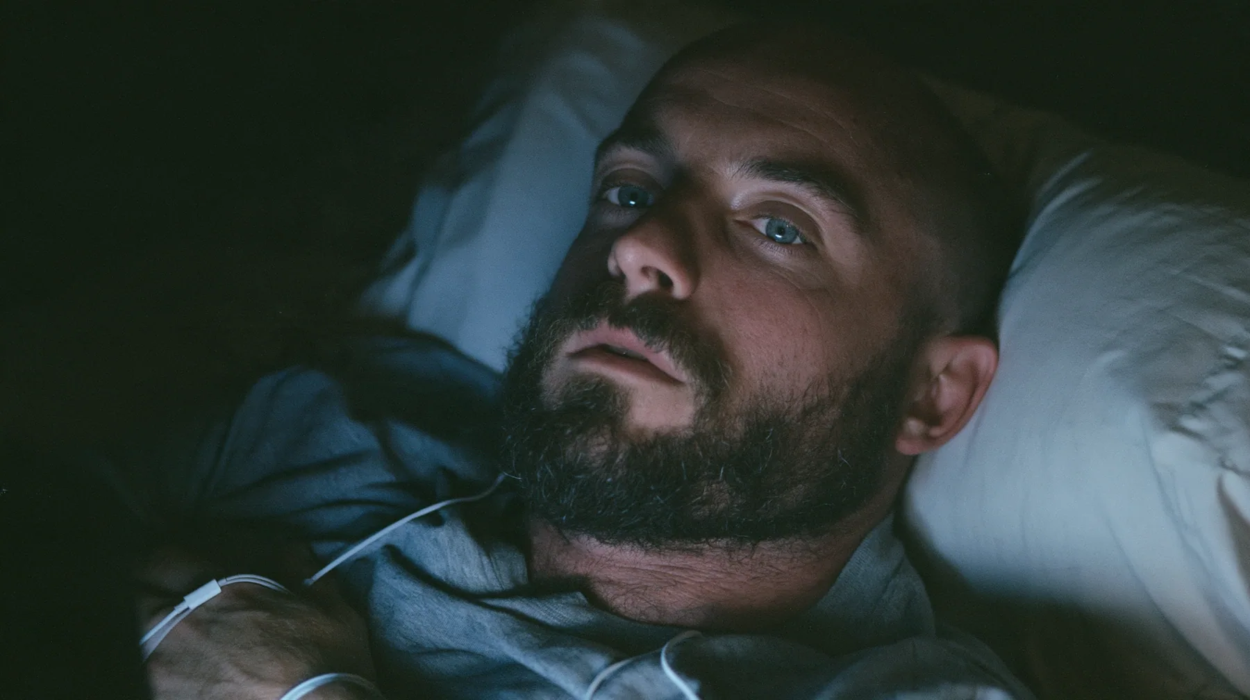 a broad-shouldered Caucasian man in his early thirties with a shaved head, a thick short dark beard, a square jaw, heavy brows and pale blue eyes, the build of a man who lifts, in a grey t-shirt, lying in bed with a…