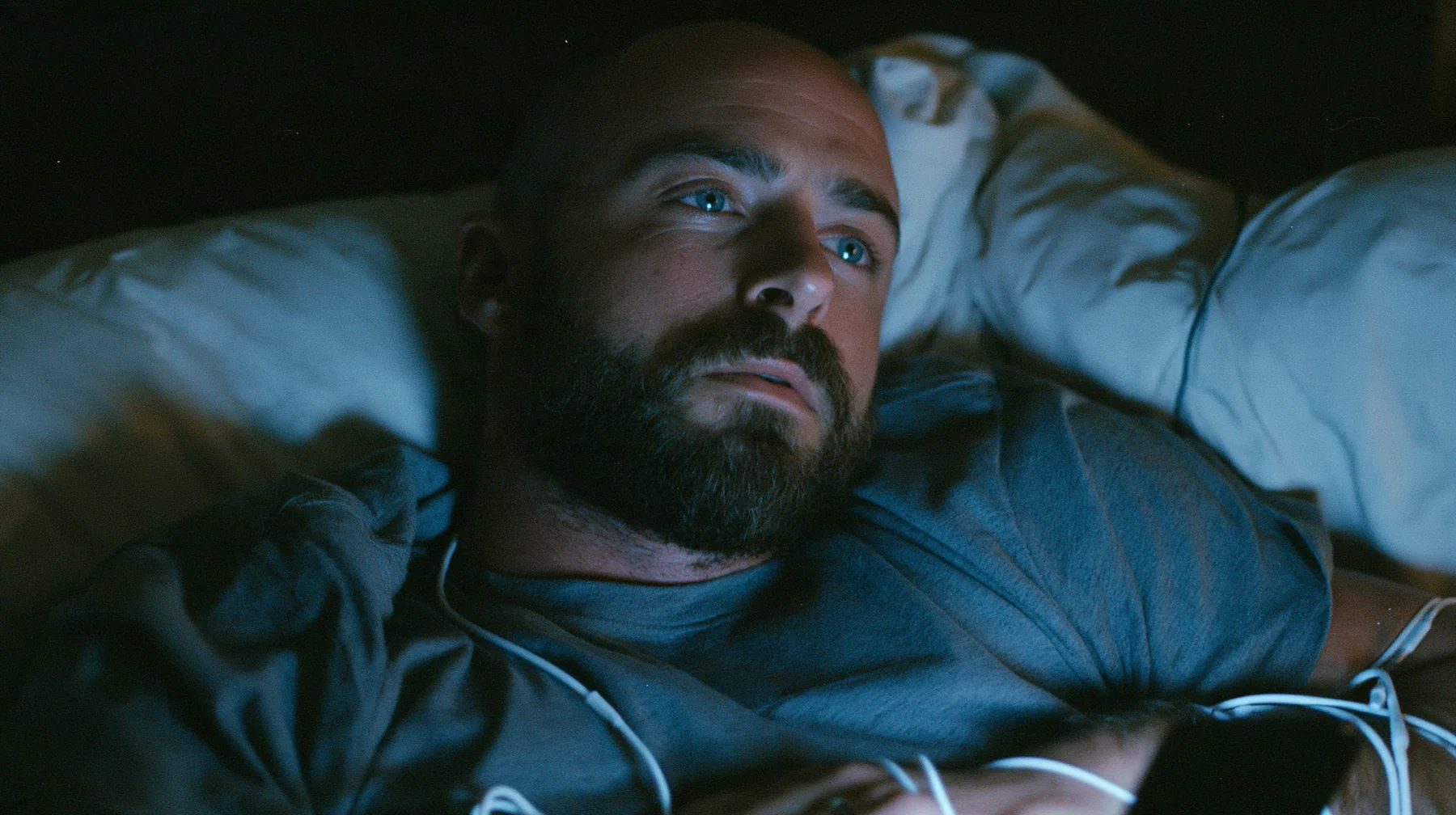 a broad-shouldered Caucasian man in his early thirties with a shaved head, a thick short dark beard, a square jaw, heavy brows and pale blue eyes, the build of a man who lifts, in a grey t-shirt, lying in bed with a…