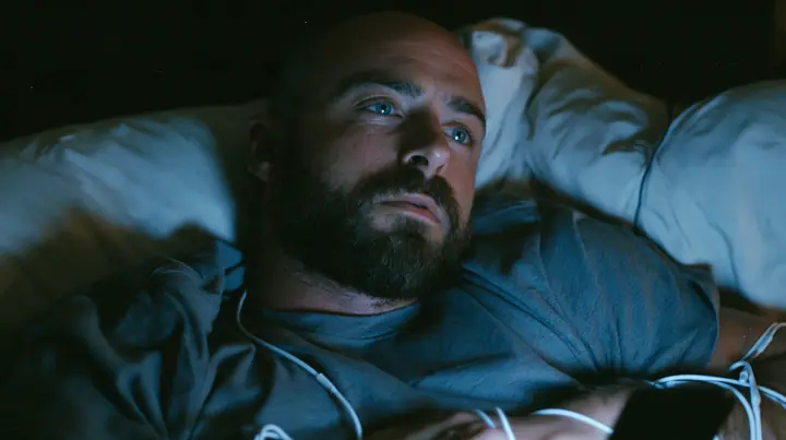 a broad-shouldered Caucasian man in his early thirties with a shaved head, a thick short dark beard, a square jaw, heavy brows and pale blue eyes, the build of a man who lifts, in a grey t-shirt, lying in bed with a…
