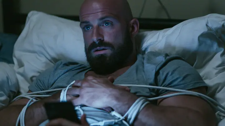 a broad-shouldered Caucasian man in his early thirties with a shaved head, a thick short dark beard, a square jaw, heavy brows and pale blue eyes, the build of a man who lifts, in a grey t-shirt, lying in bed with a…
