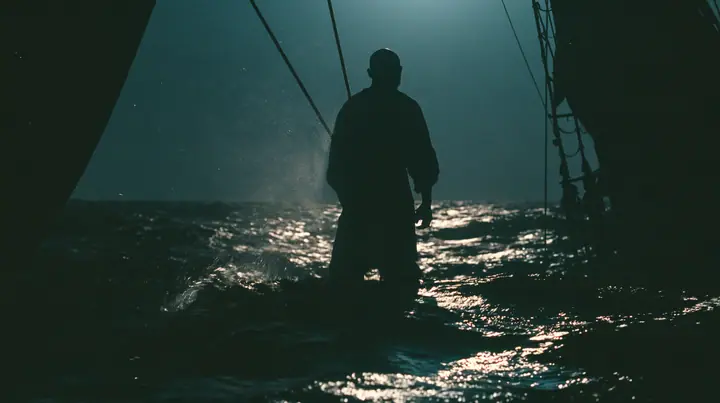the silhouette of a bald man tied to the mast of a black ship against a lit sky, face in shadow, night, moonlight on a black-teal sea, silver spray, cinematic 35mm film still, anamorphic, fine grain, no text, no…