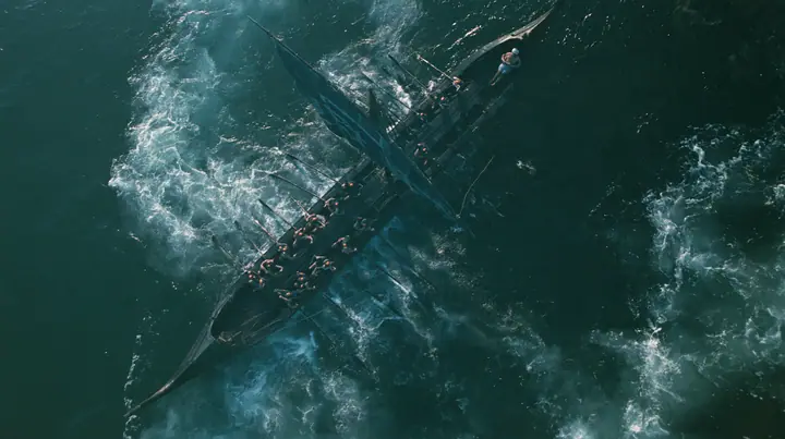 straight-down aerial of a long black ancient Greek galley with a single mast, a square sail and two banks of oars in a narrow strait, half the benches empty, the remaining rowers rowing with orange earplugs, one man…