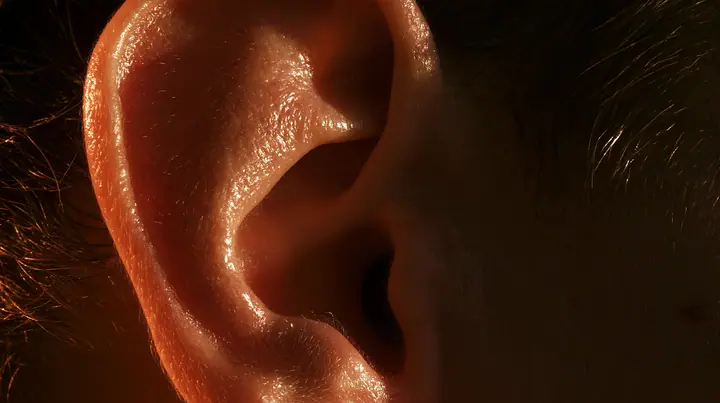 extreme macro of a man's ear in darkness, gold rim light on the curve of the ear, the canal a black void, no text, no letters, no logos