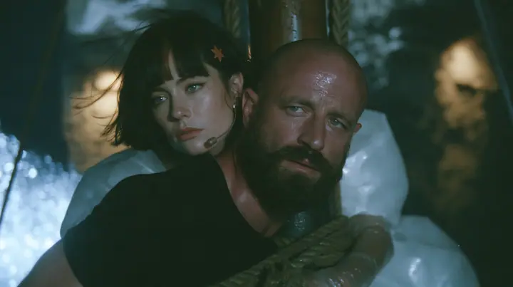 medium close-up of a broad-shouldered Caucasian man in his early thirties with a shaved head, a thick short dark beard, a square jaw, heavy brows and pale blue eyes, the build of a man who lifts, in a plain black…