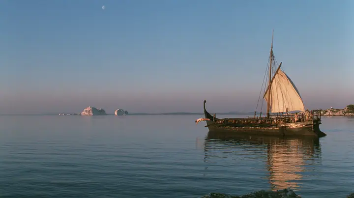 a rower in a linen tunic in a joyous swan dive off the rail of a long black ancient Greek galley with a single mast, a square sail and two banks of oars toward distant glowing rocks, deep blue twilight, the last gold…