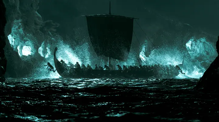 silhouettes of men leaping from both rails of a long black ancient Greek galley with a single mast, a square sail and two banks of oars into a narrow strait, cliffs of glowing alcoves behind them, night, moonlight on…