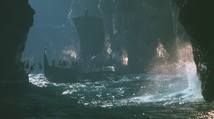 silhouettes of men leaping from both rails of a long black ancient Greek galley with a single mast, a square sail and two banks of oars into a narrow strait, cliffs of glowing alcoves behind them, night, moonlight on…