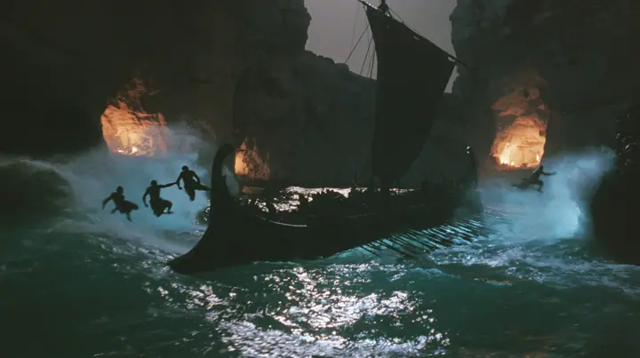 silhouettes of men leaping from both rails of a long black ancient Greek galley with a single mast, a square sail and two banks of oars into a narrow strait, cliffs of glowing alcoves behind them, night, moonlight on…