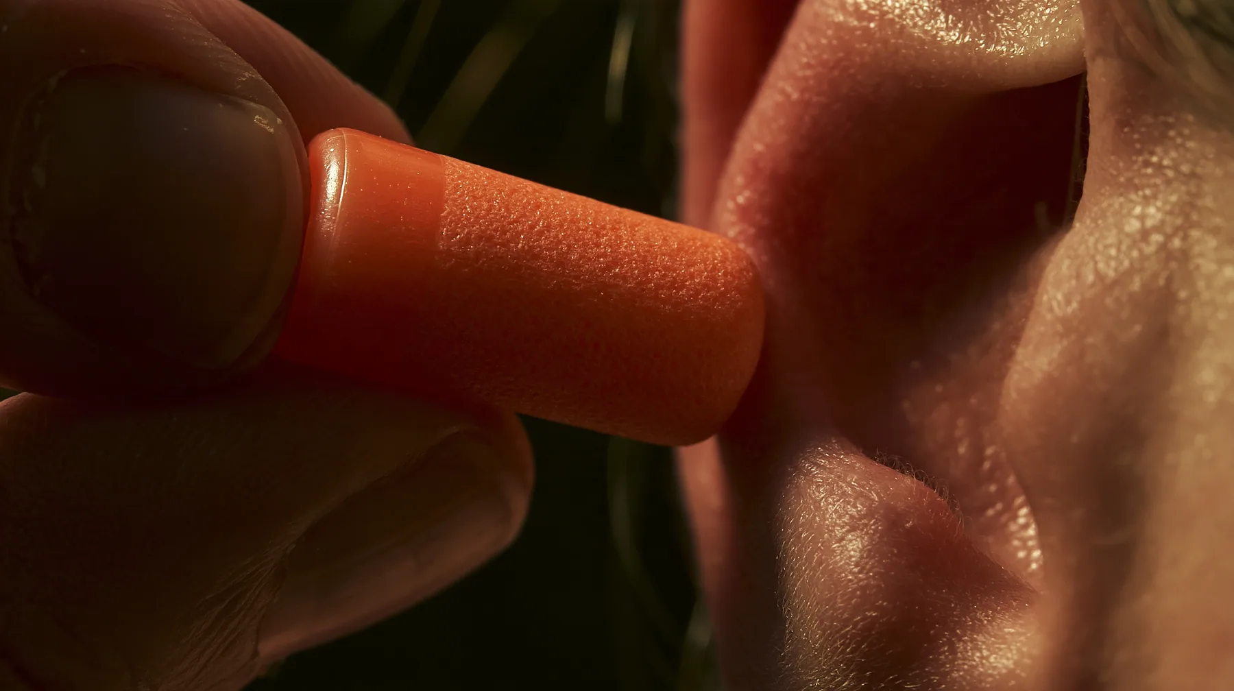 macro of two fingers pulling an orange foam earplug out of an ear, macro product photograph, hard rim light, razor-thin focus, twilight, no text, no letters, no logos
