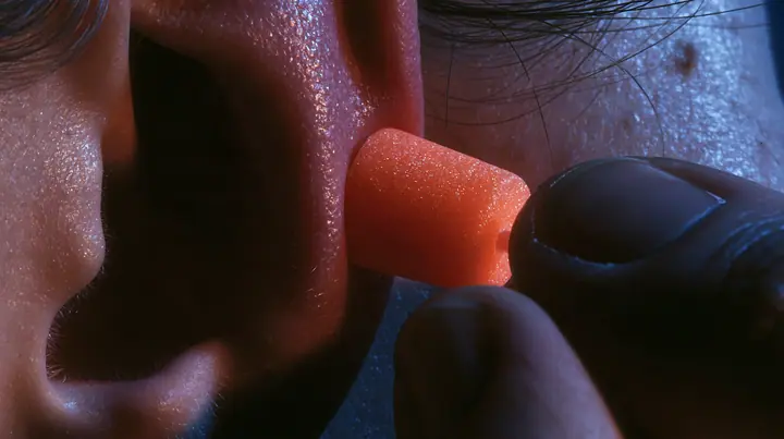 macro of two fingers pulling an orange foam earplug out of an ear, macro product photograph, hard rim light, razor-thin focus, twilight, no text, no letters, no logos
