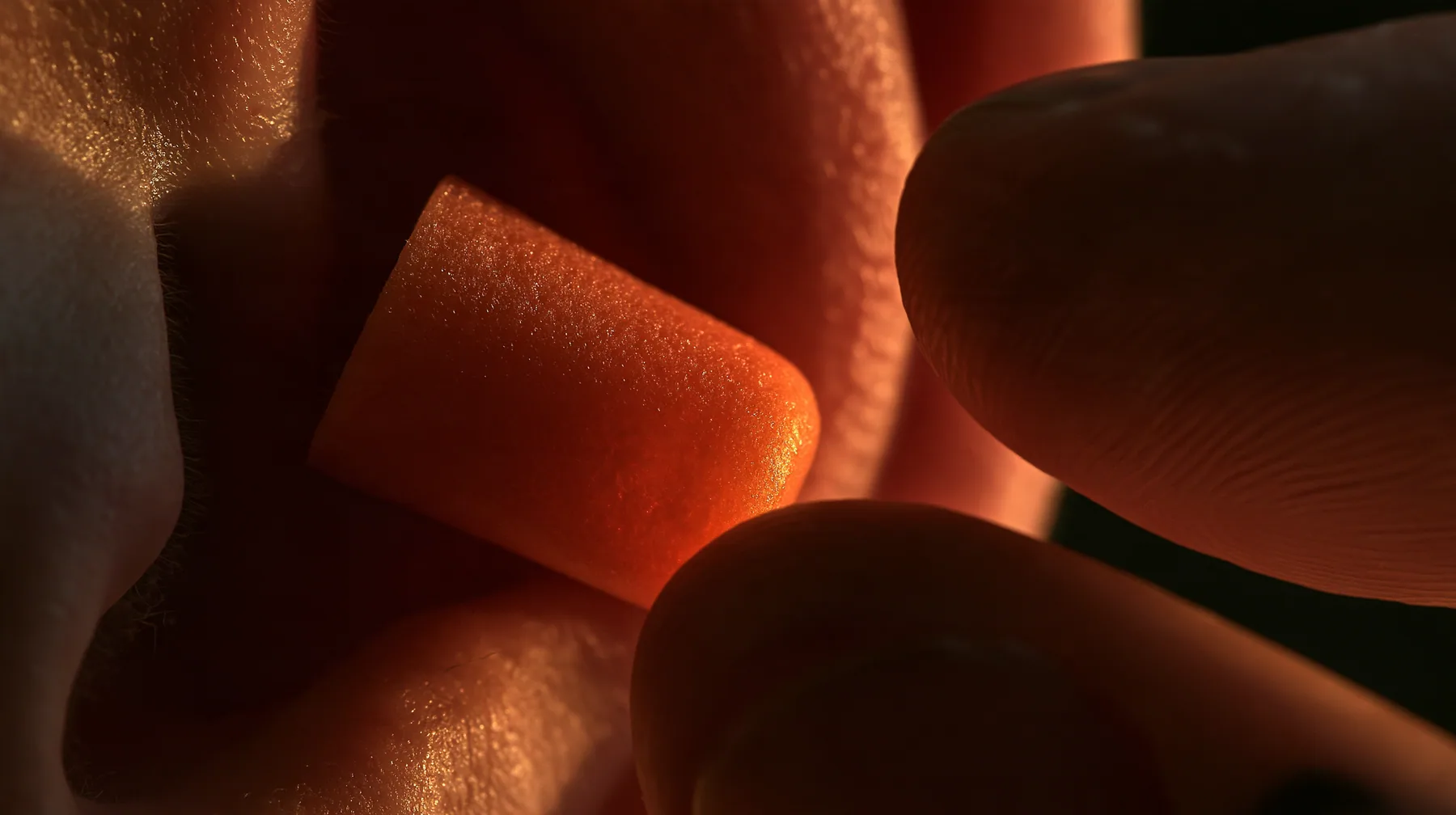macro of two fingers pulling an orange foam earplug out of an ear, macro product photograph, hard rim light, razor-thin focus, twilight, no text, no letters, no logos