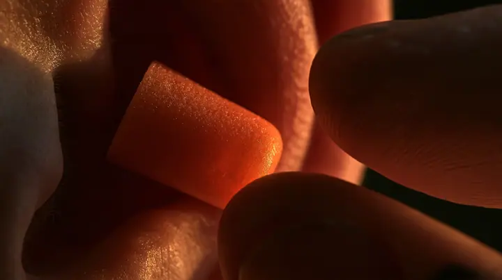 macro of two fingers pulling an orange foam earplug out of an ear, macro product photograph, hard rim light, razor-thin focus, twilight, no text, no letters, no logos