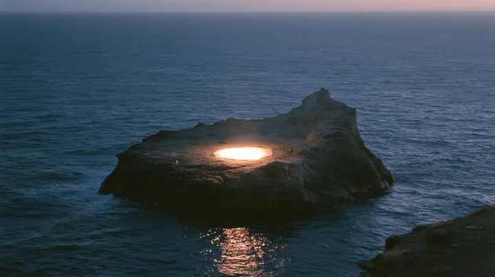 a low black sea rock at twilight with a small circle of warm stage light on it, empty, the dark sea around, deep blue twilight, the last gold on the horizon, glassy sea, cinematic 35mm film still, anamorphic, fine…