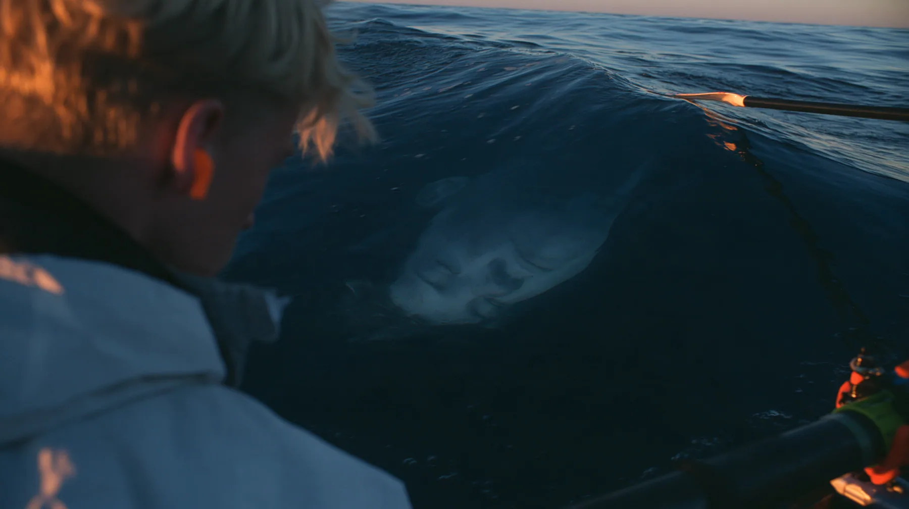 over-the-shoulder shot of a rower with orange foam earplugs leaning over the rail and looking down into glassy dark water where a colossal pale woman's face with closed eyes slides past beneath the surface, deep blue…